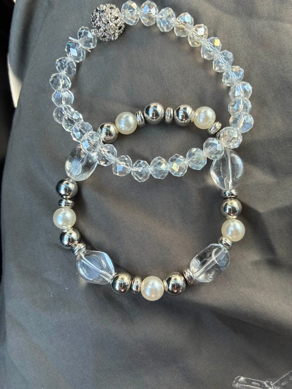 Clear Crystal & Pearl Stretch Bracelet Set - Silver Accents